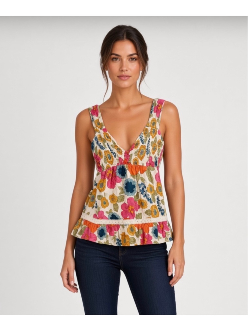 Angie Floral Smocked Tank Top Vintage Boho Peasant Square Neck Blouse Size L